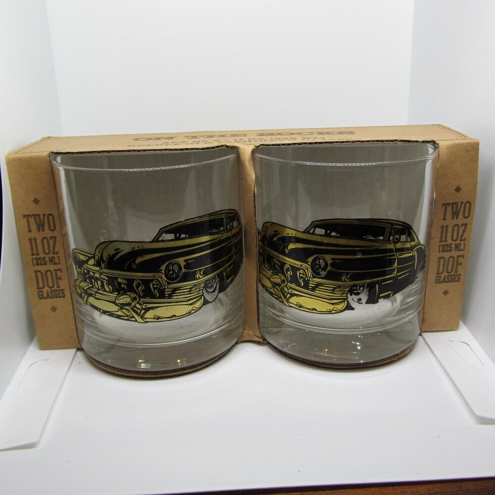 2 gold hot rod car DOF 11 oz glasses NIB backyard bomber home essentials (W3377)